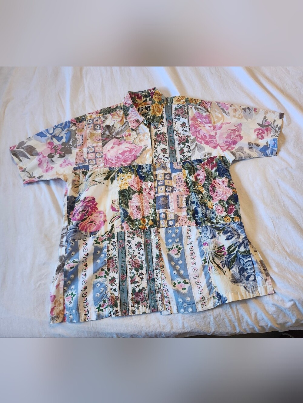 Vintage Patchwork Floral Button-Up Shirt in Pink, Blue, Green